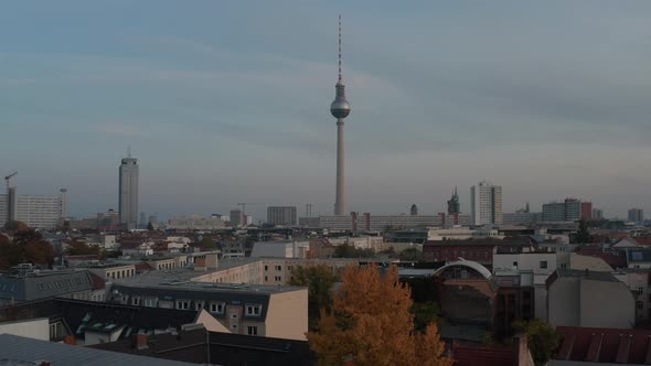 Forwards Reveal of 20Th Century Architecture in Centre of Town with Dominant Tall TV Tower