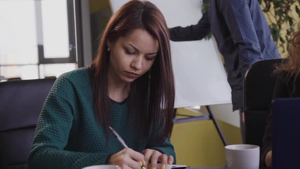 Businessman Write on Flipchart, Woman Write Notes, Female Watch Monitor Screen