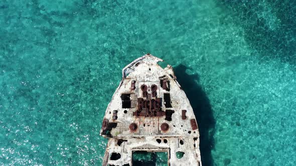 Top View Of The Sunken SS Sapona Concrete-Hulled Ship At The Turquoise Beach In Bahamas. aerial