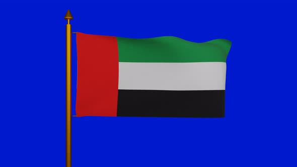 National flag of United Arab Emirates waving with flagpole on chroma key, used Pan-Arab colors