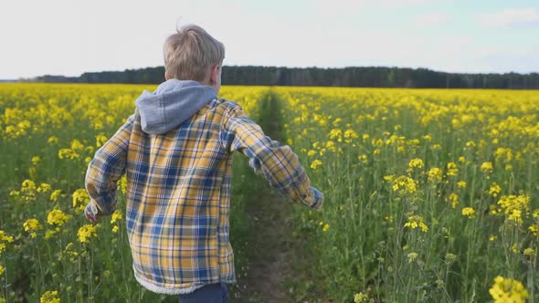 A Little Boy Runs Across the Rapeseed Field