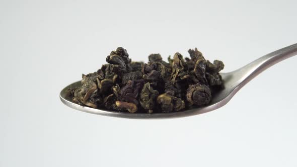 Green tea dried pearl leaves in a spoon. Falling twisted gunpowder leaves