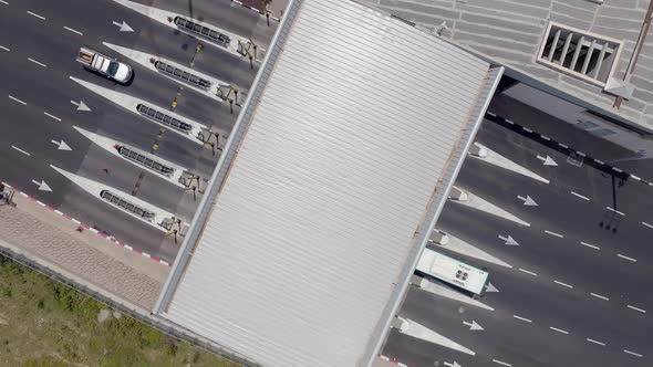 Toll road turnpike payment collection section, Aerial view.