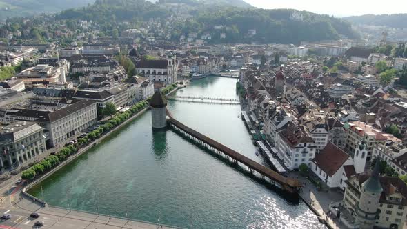 Drone over Lucerne old town, Switzerland