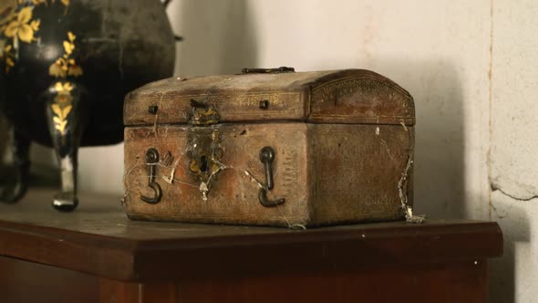 Antique dirty jewelry box. CLOSE UP with ZOOM IN