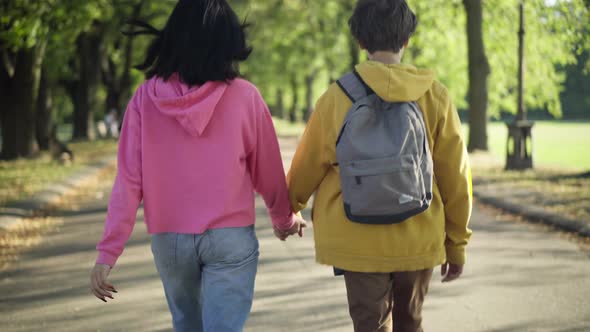 Back View Teenage Couple Holding Hands Walking in Sunbeam on Park Alley