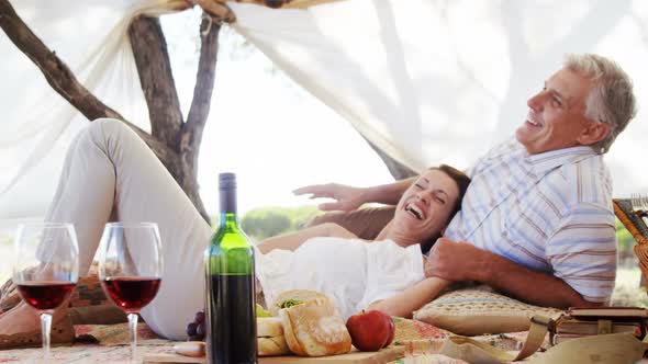 Happy couple relaxing under shed 4k