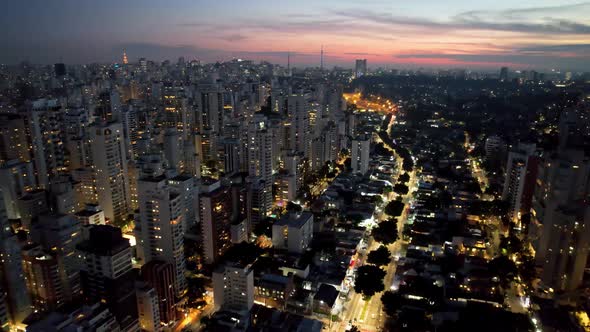 Sunset Sao Paulo Brazil. Panoramic landscape of downtown city building