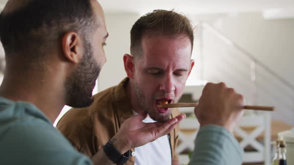 Multi ethnic male same sex couple preparing food in kitchen