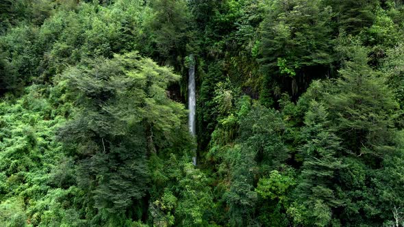 Aerial orbit of a waterfall hidden among the trees in the Cochamo Valley, Chile.