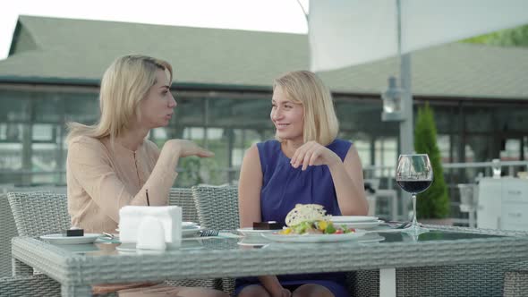 Positive Wealthy Women Talking at the Table As Waiter Bringing Fried Fish. Portrait of Rich Female