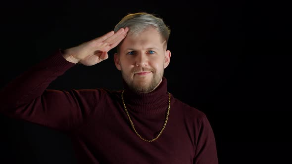 Serious Executive Handsome Man Ready to Get to Work and Follow Instructions Saluting with Smile