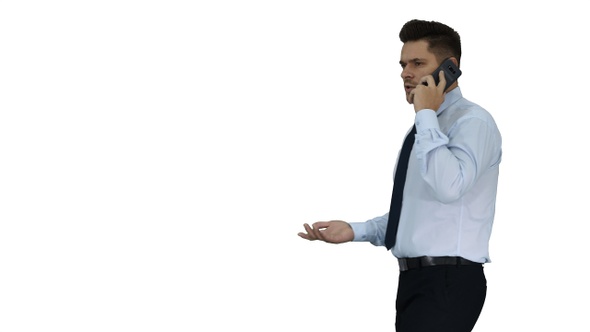 Mature Man Talking On Cell Phone Passing By on white background.