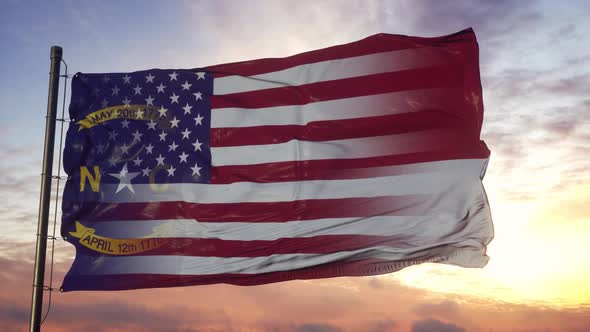 North Carolina and USA Flag on Flagpole