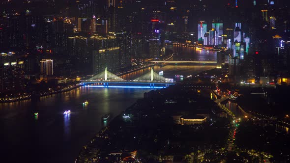 Guangzhou Night Business City Aerial Cityscape China Pearl River with Boats Traffic and Bridges