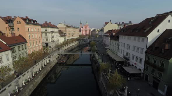 Aerial view of buildings along the river