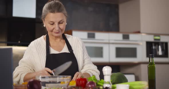 Senior Woman Cooking Food in Kitchen Using Laptop for Online Recipe