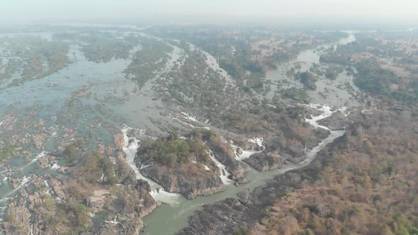 Aerial: flying over Don Det and the 4000 islands Mekong River in Laos