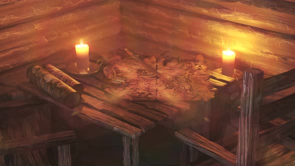 Cartoon treasure map on a tavern table warmly lit by a warm candle. 4KHD
