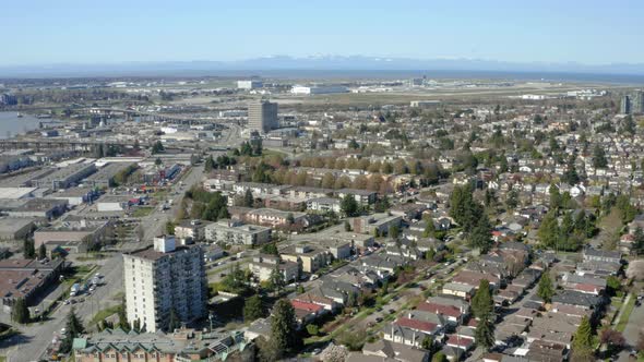 Wide aerial flying back from the Vancouver International Airport YVR and Sea Island.