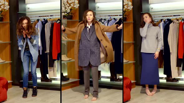 Young Pretty Woman is Trying on Different Clothes in Fashion Showroom Triple Shot in Changing Room