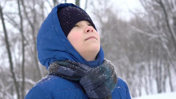 Portrait Young Teenage Boy Enjoying Snow in the Winter Forest