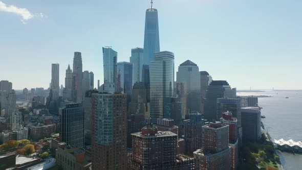 Backwards Reveal of Group of Apartment Buildings in Battery Park City on Hudson River Waterfront