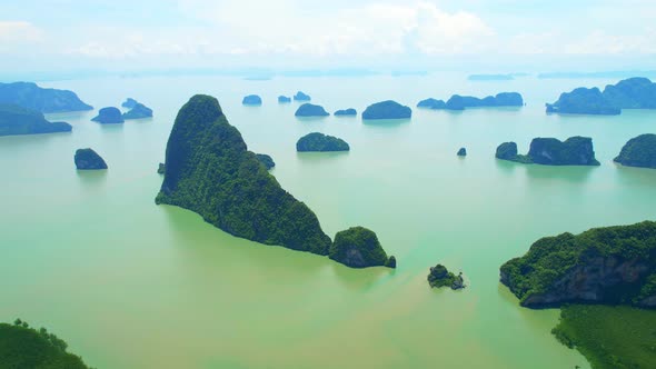 Aerial view from a drone over many islands at Phang Nga Bay