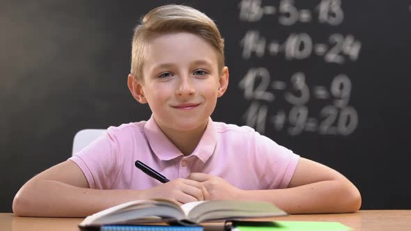 Boy Sitting at School Desk During Math Lesson and Looking at Camera, Education