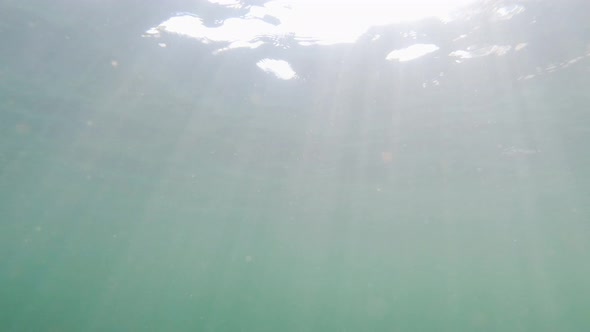 Underwater Sun Rays and Waves in Turquoise Lake in Slow Motion, Soft Focus