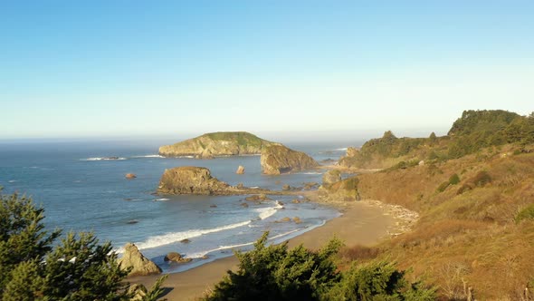 Scenic Southern Oregon Coast aerial. Harris beach State Park in Brookings, Oregon.