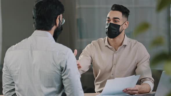 Hispanic Businessman Man Financial Salesman Analyst Ill Lawyer in Medical Mask Consult Client