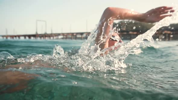 Triathlete Woman Swimming. Air Bubbles In Water. Girl Having Fun Sea. Holiday Vacation Turkey Trip.