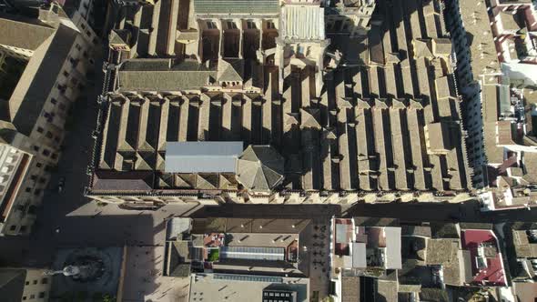 Mosque-Cathedral of Cordoba topdown view slowly tilt up revealing Sprawling Cityscape. Andalusia