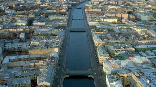 top view on the city, buildings, rivers, bridges