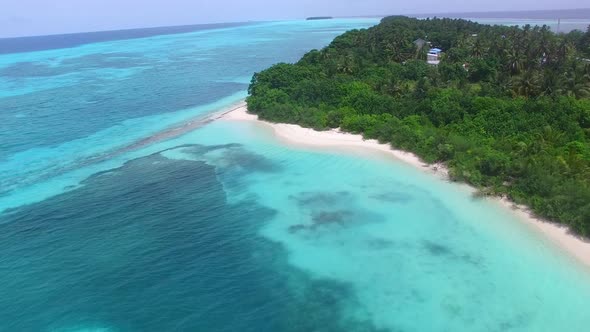 Aerial drone tourism of bay beach time by lagoon and sand background