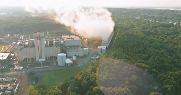 Energy Power Station Plant with White Smoke Cloud