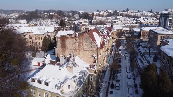 Aerial view of a drone flying over the building. 