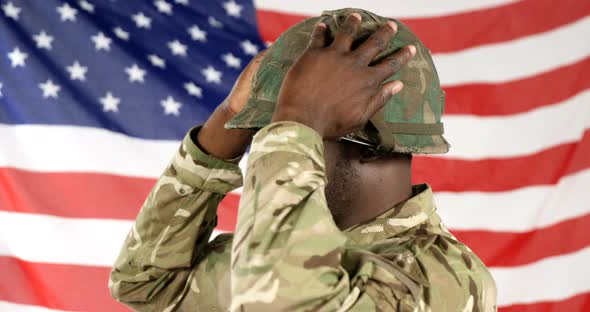 Portrait of military soldier wearing helmet