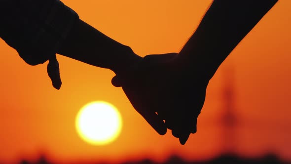 Young Couple Holding Hands on the Background of a Large Setting Sun