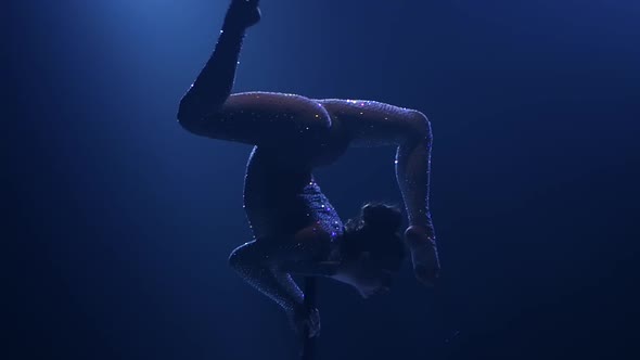 Gymnast Stands on the Bridge. Smoke Blue Background, Slow Motion, Silhouette