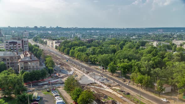 Panoramic Aerial View of Road Big Construction Site Timelapse