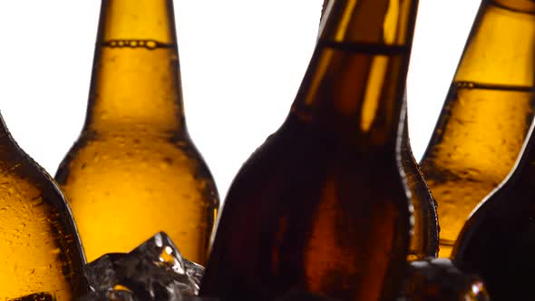 Bottles with Beer, They Spin in the Ice. White Background