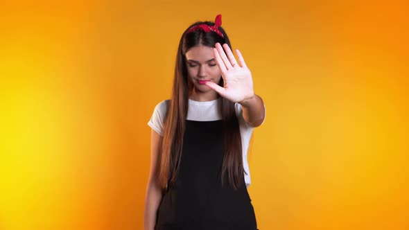 No, Never, Pretty Brunette Woman Disliking and Rejecting Gesture By Stop Sign