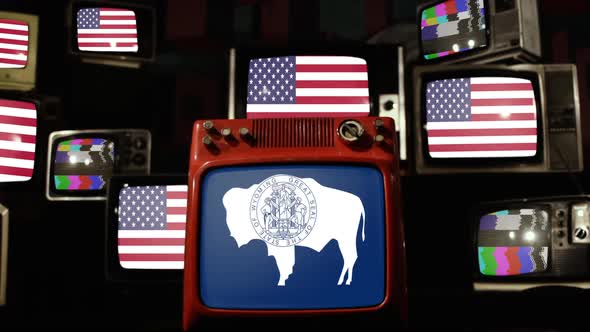 Flag of Wyoming and US Flags on Retro TVs.