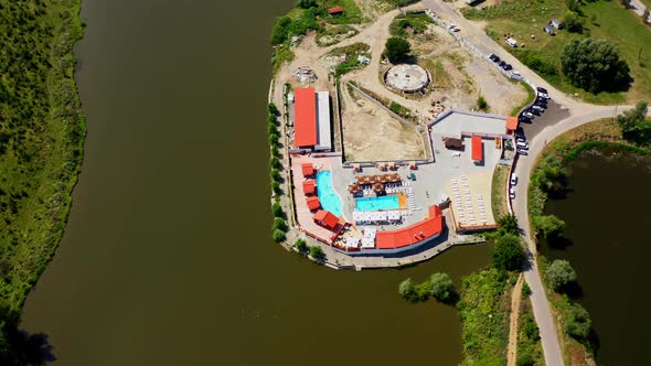 Luxury hotel with swimming pool. Aerial view of swimming pool outside
