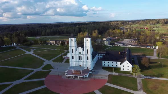 Majestic Aglona Cathedral in Latvia. White Chatolic Church Basilica. Aerial Dron 4K Shot