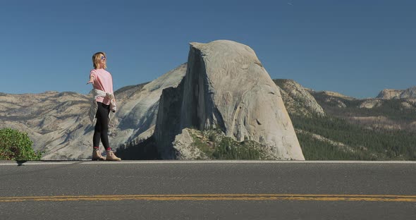 Yosemite Valley USA, Slow Motion of Smiling Attractive Woman in Casual Clothing