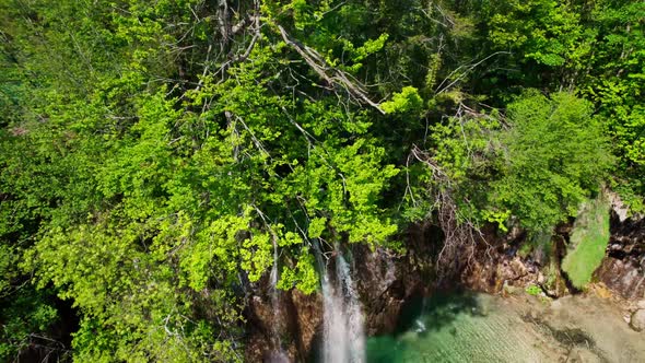 Waterfall and Overview of Plitvice National Park in Croatia, Aerial view