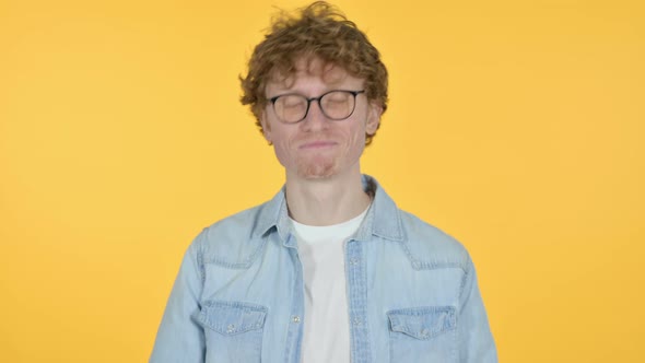 Online Video Chat By Talking Redhead Young Man, Yellow Background 
